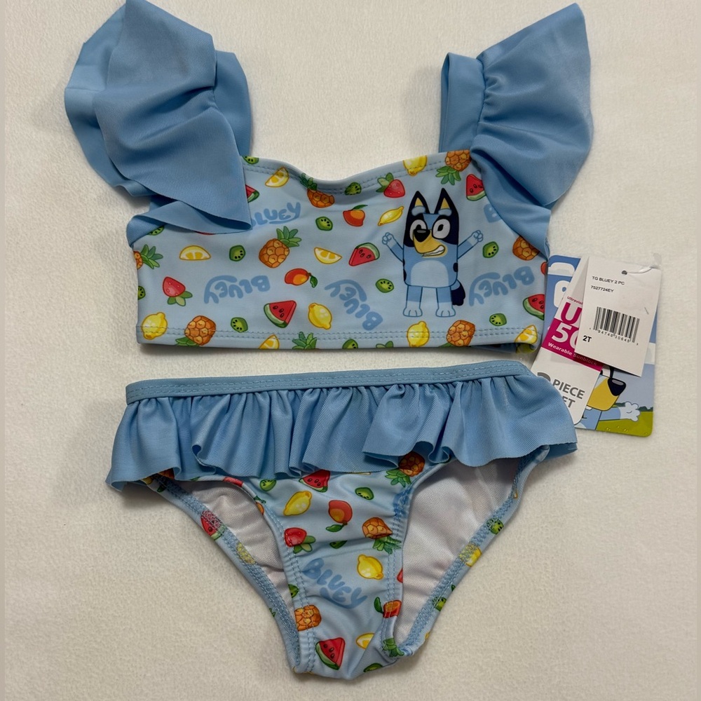 Bluey Toddler Girl (2T) Blue 2-Pc Swim Set  Fruit Motif Ruffles - NWT